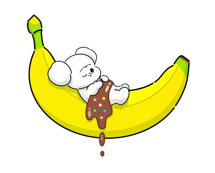 Mumu napping in a banana with chocolate and sprinkles