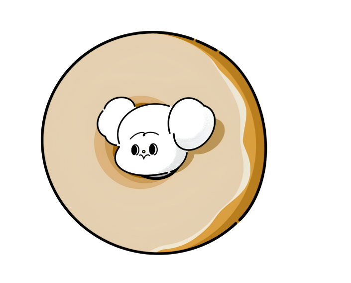 Mumu sitting in the hole of a giant donut
