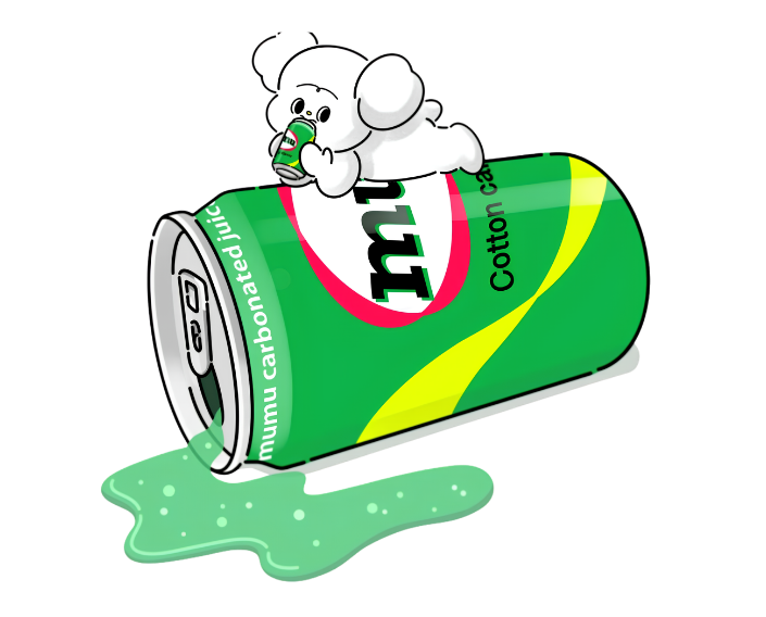 Mumu drinking from a giant mumu-branded soda can