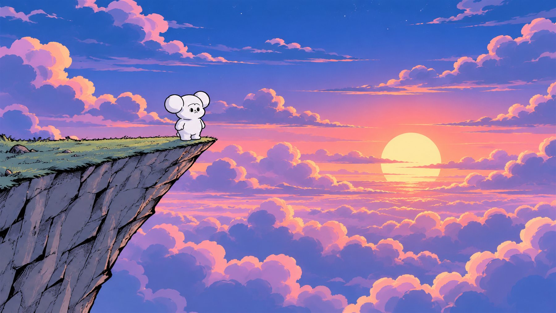 Mumu standing at the edge of a cliff, looking out at a pink and purple sunset